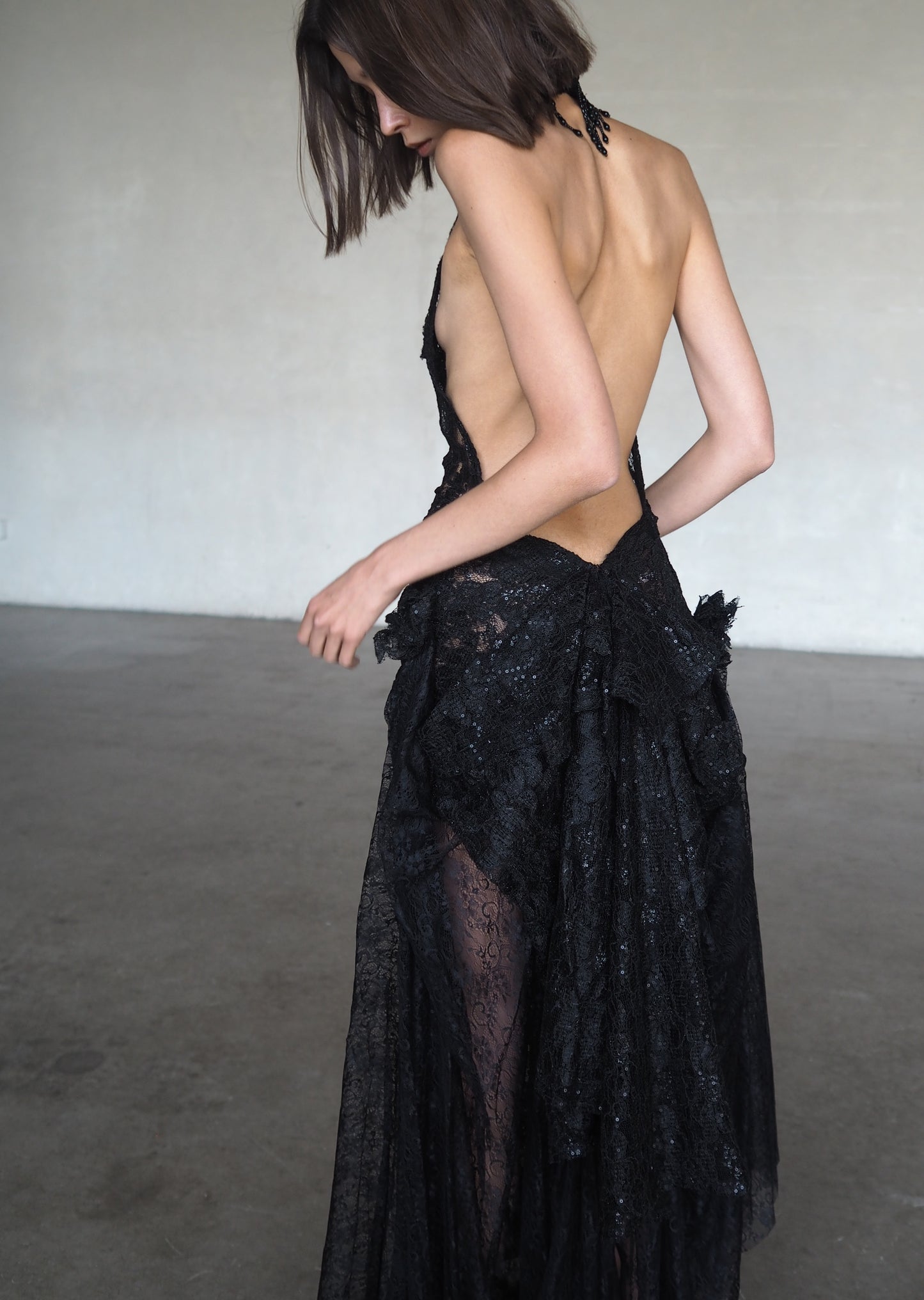 Beaded Lace Halter Gown
