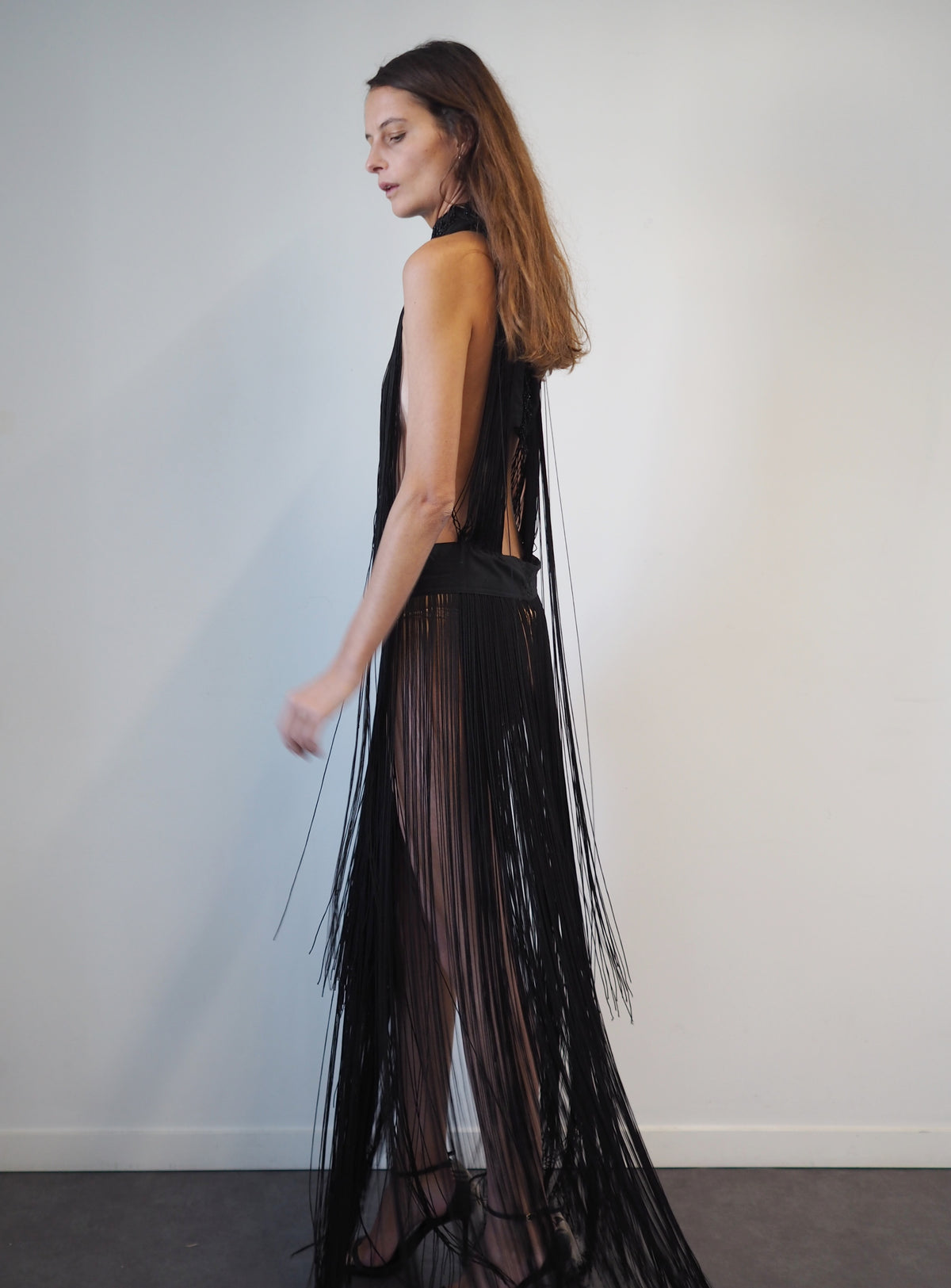 Black Fringe Halter Maxi Dress