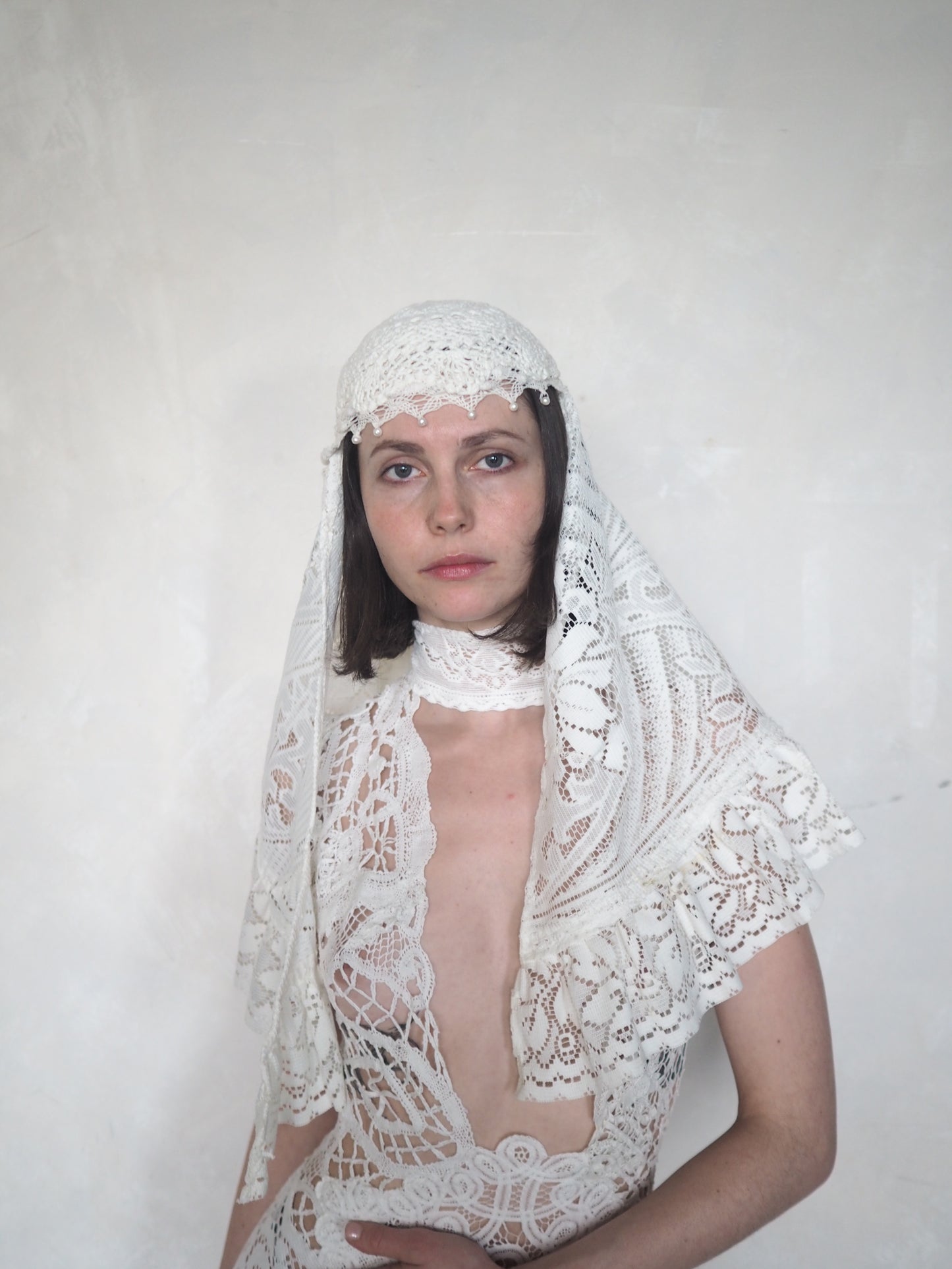 Crochet and pearls headpiece