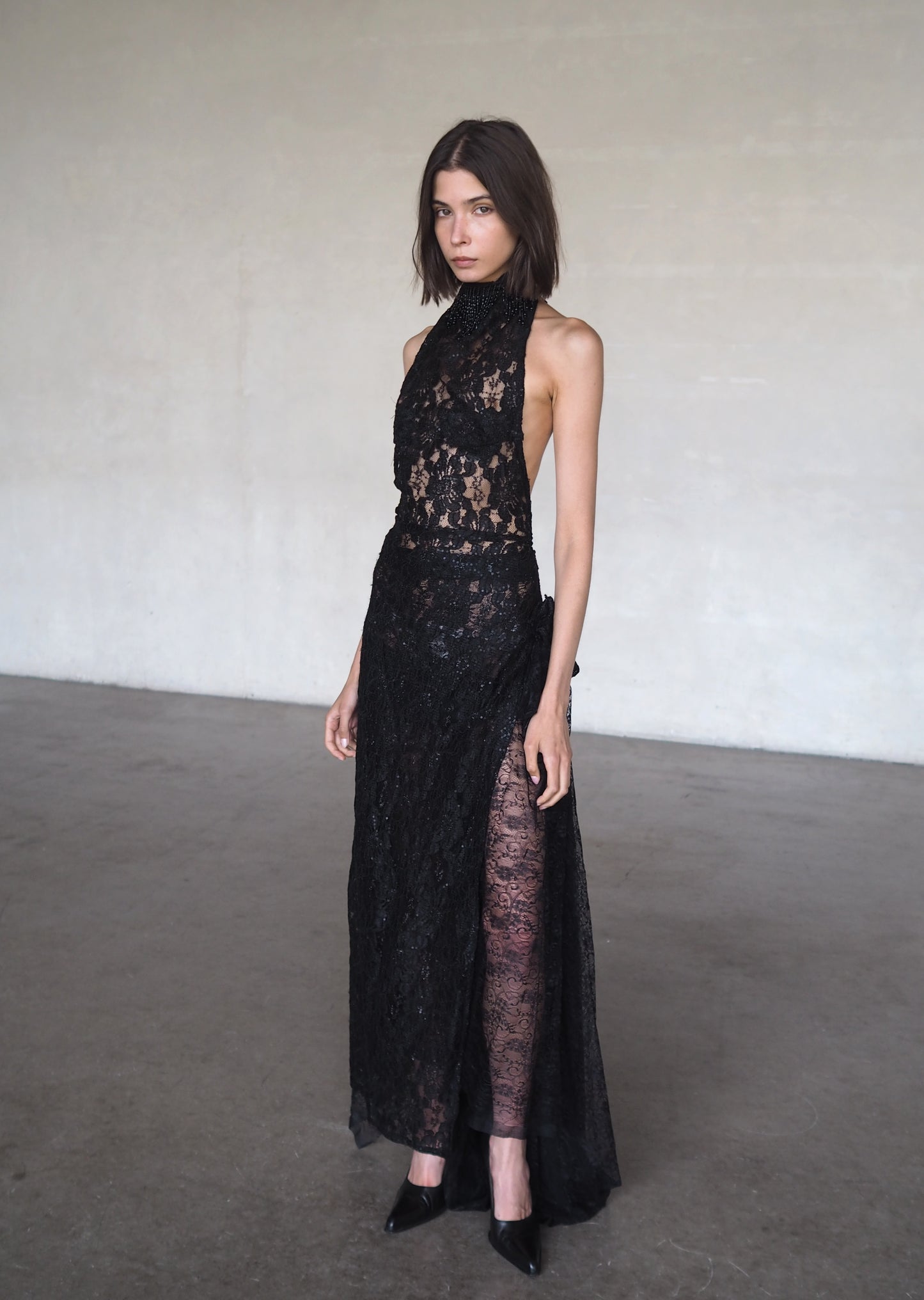 Beaded Lace Halter Gown