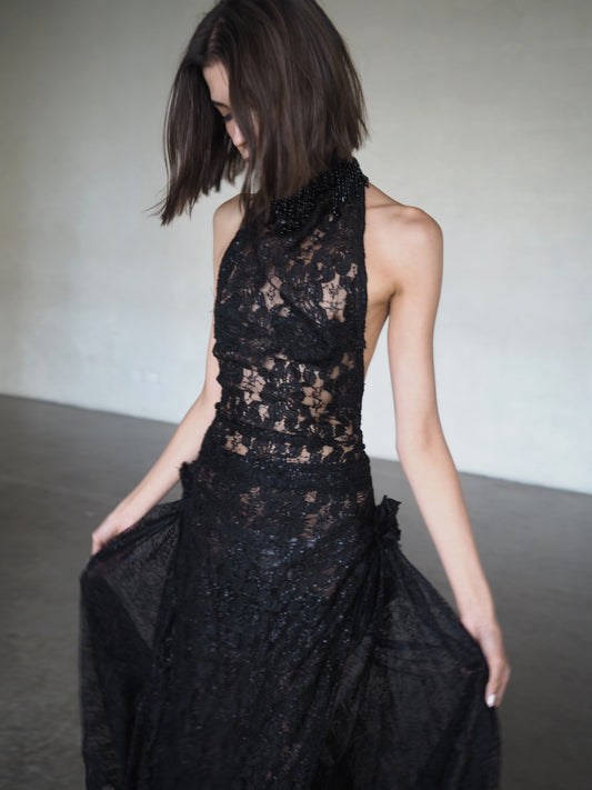 Beaded Lace Halter Gown