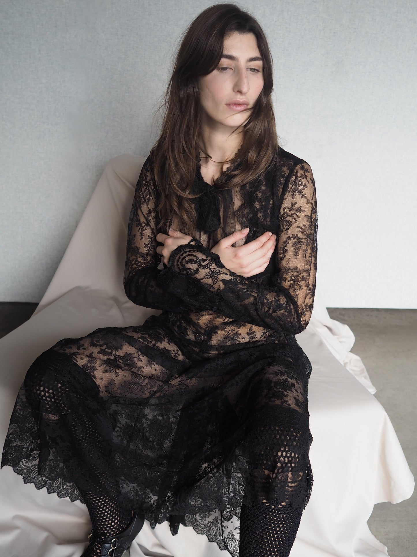 black lace dress tumblr Liv Black Lace Sleeve Bandage Dress / L