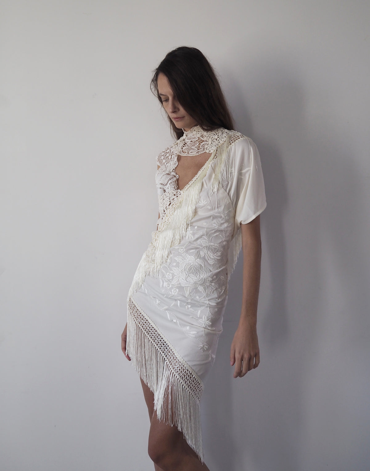 Scarf and Lace Dress - White
