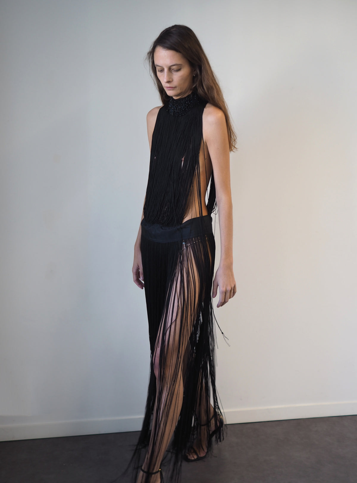 Black Fringe Halter Maxi Dress